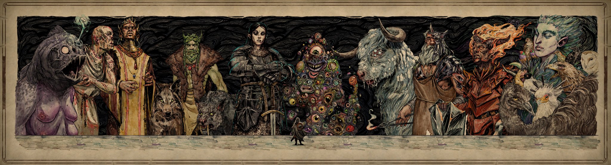 The player character in front of the deities of Eora. From the Pillars of Eternity games.